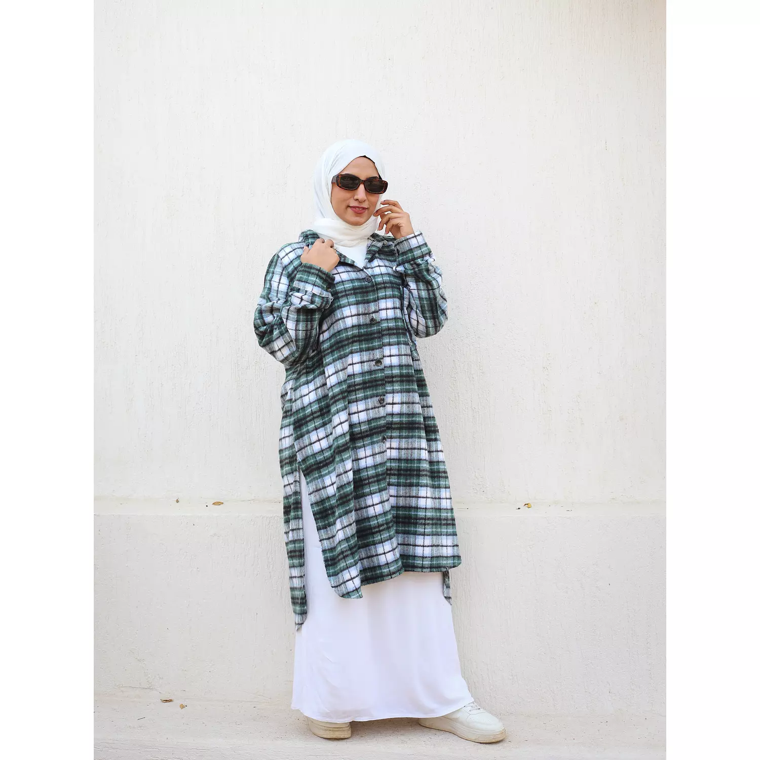 Green & Grey Checkered Wool Long Shirt hover image