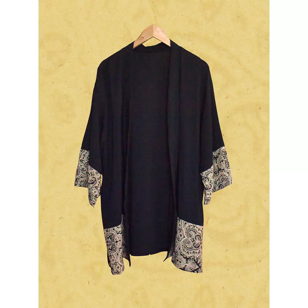 Black Kimono w/ Beige and Black Patched Patterns