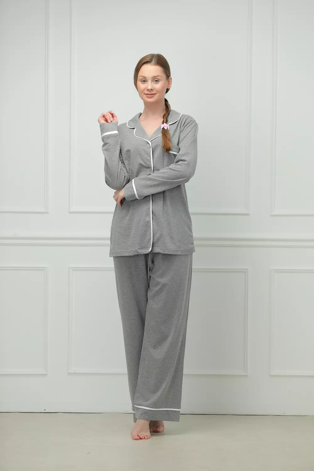 Cozy Button-Front Grey Pajamas hover image