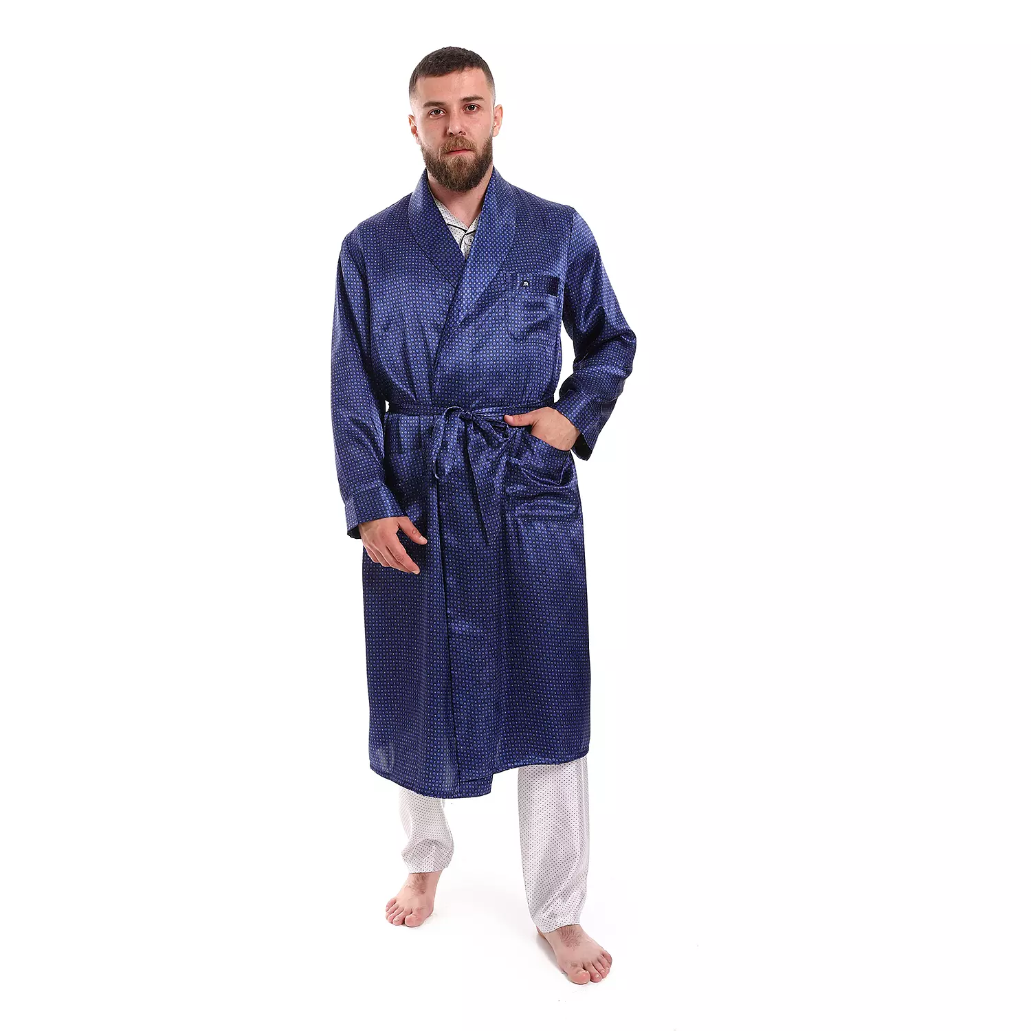 Men Satin Robe -Blue Dot 0