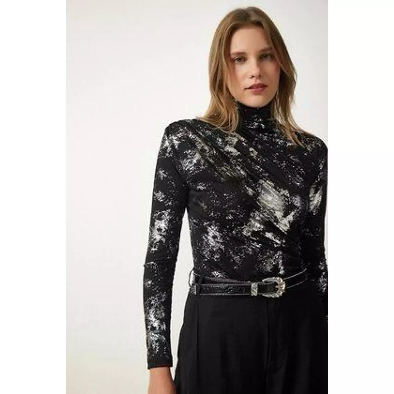 Women's Black Shirred Sparkling Sandy Blouse hover image