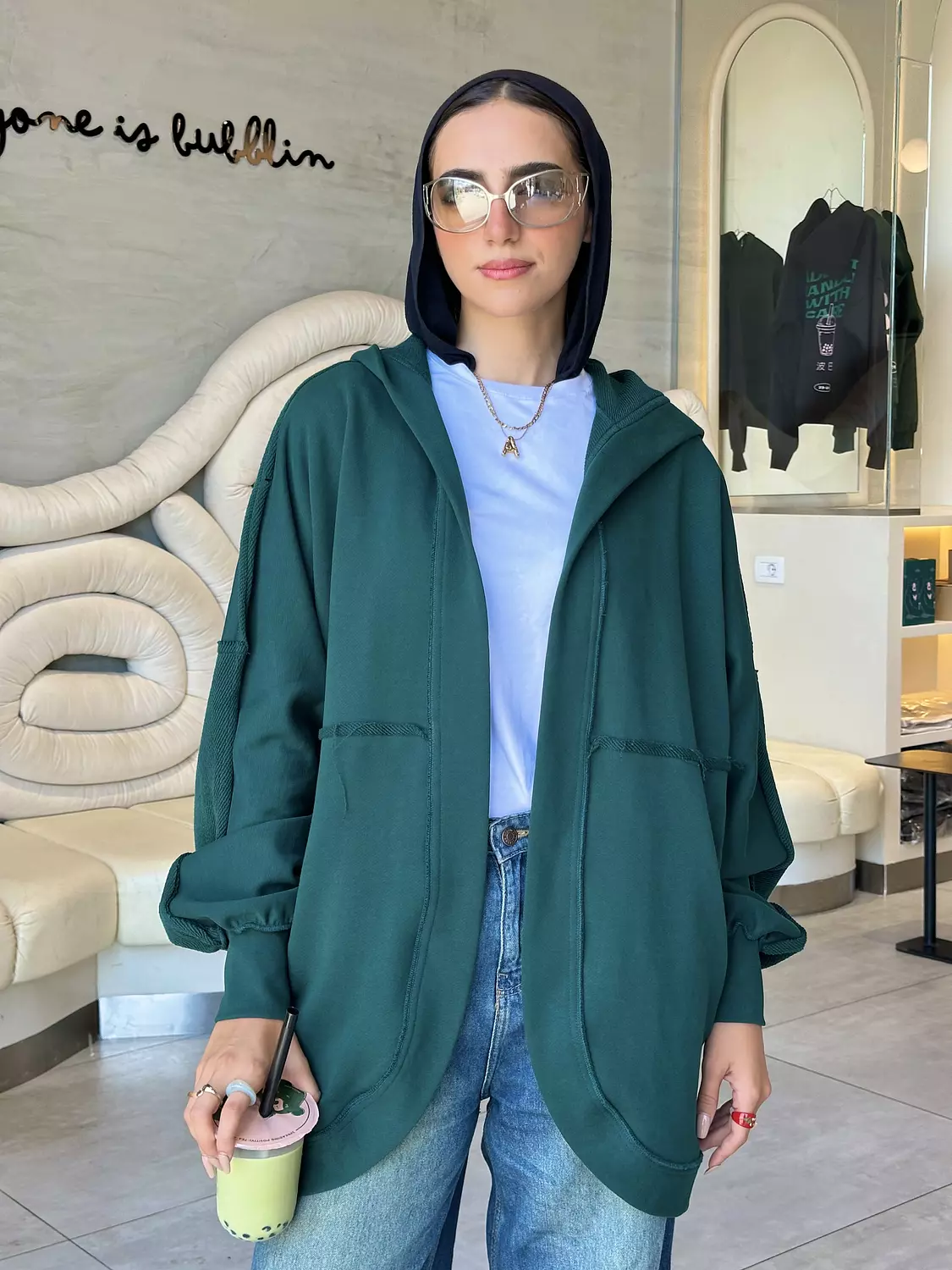 HOODED CARDIGAN IN RAIN FOREST GREEN hover image