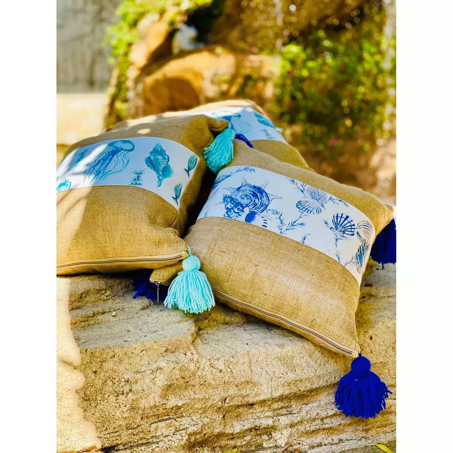 The Turquoise or Navy Burlap Seashell Cushion  2