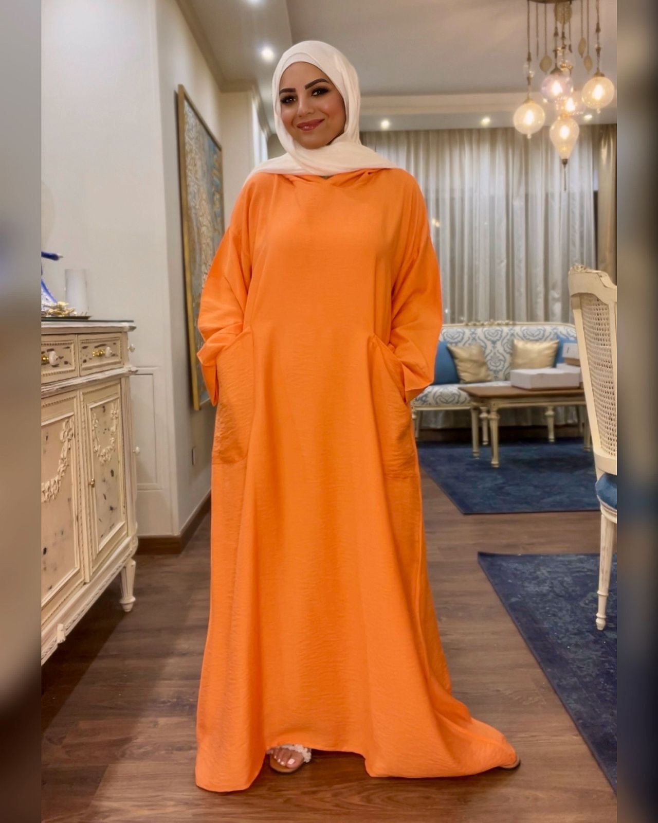 Hooded Linen Dress With Long Sleeves -  Tangerine  hover image
