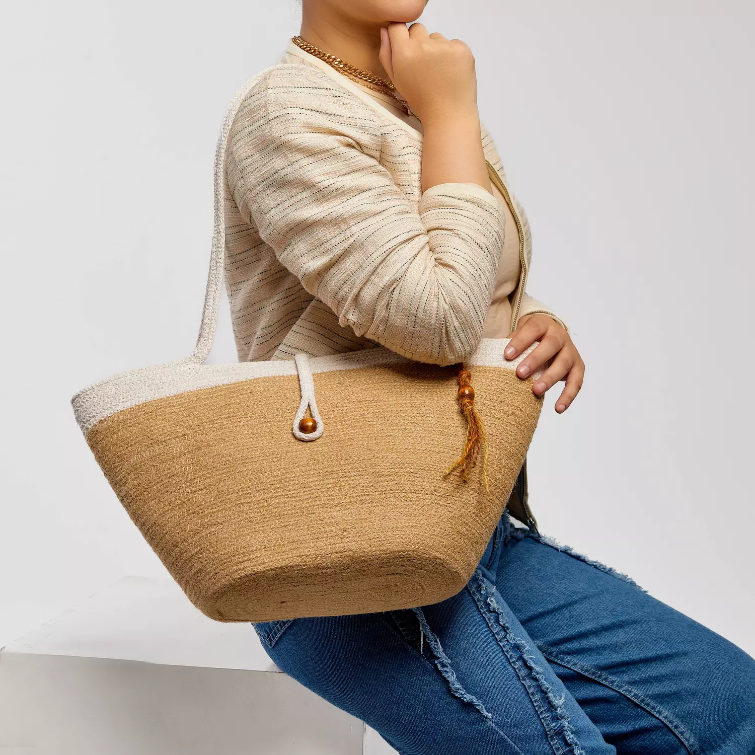 Shoulder Bag - White & Jute hover image