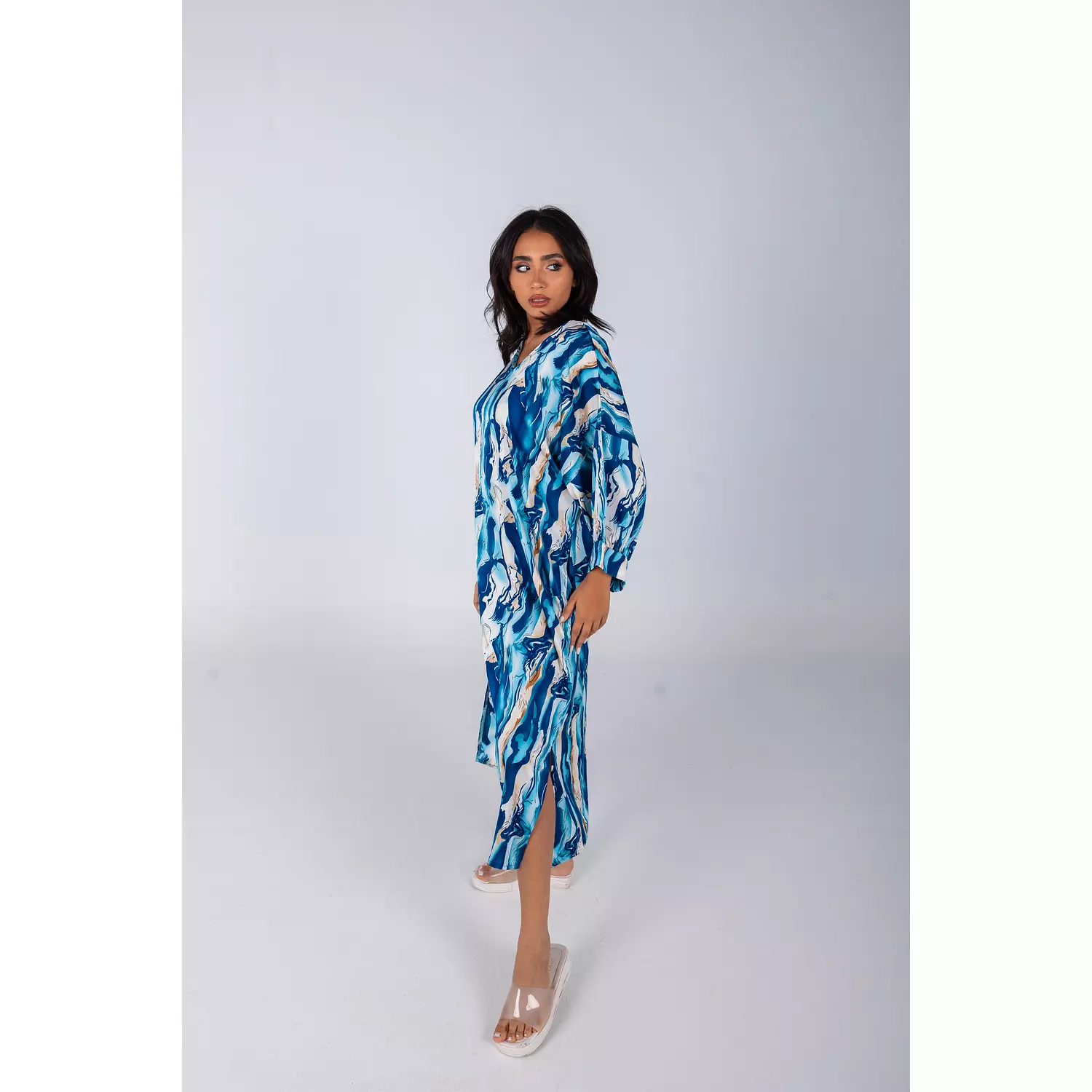 Blue Printed Satin Summer Dress  2