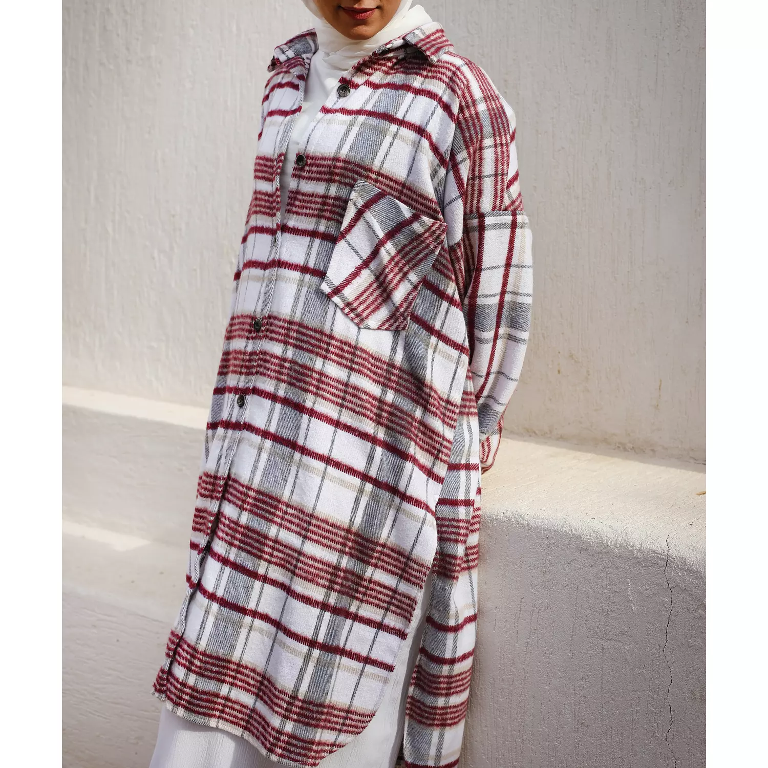 Red & Grey Checkered Wool Long Shirt 5