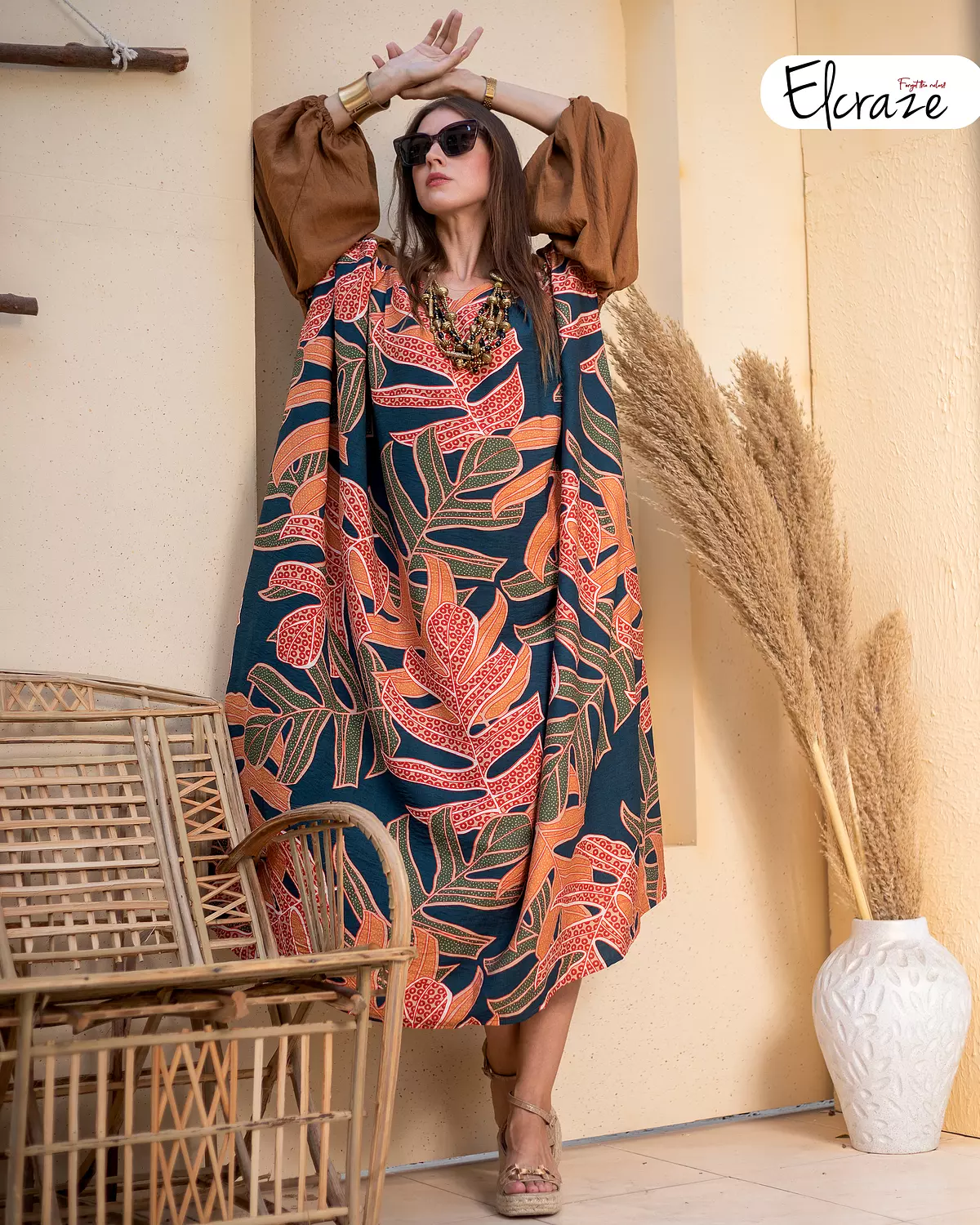  printed synthetic linen  dress brown 2