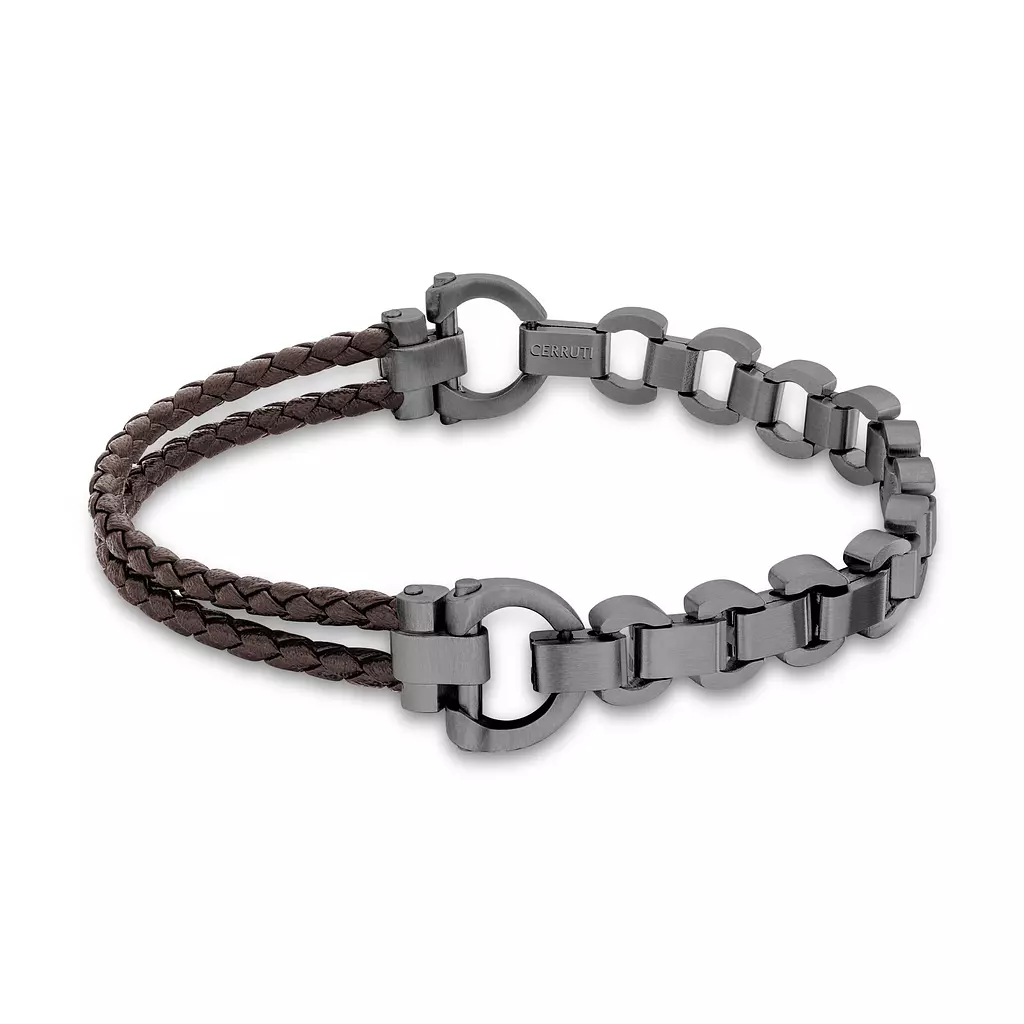 Cerruti 1881 Bracelet For Men Baton Leather Gunmetal Plated Brown Leather Cord