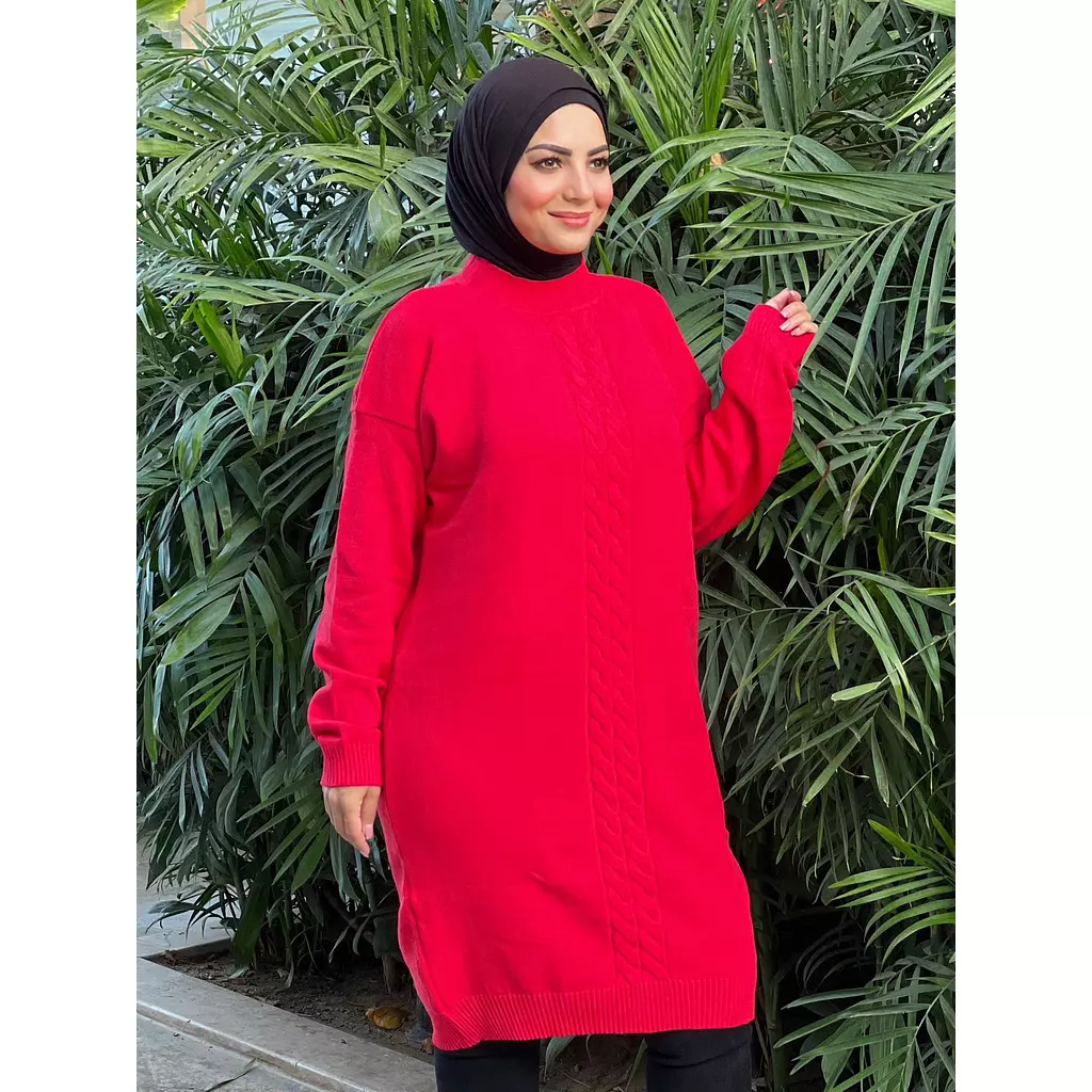 Knitted Tunic Dress - Red