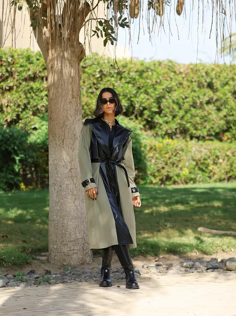 Olive x black leather trench coat 