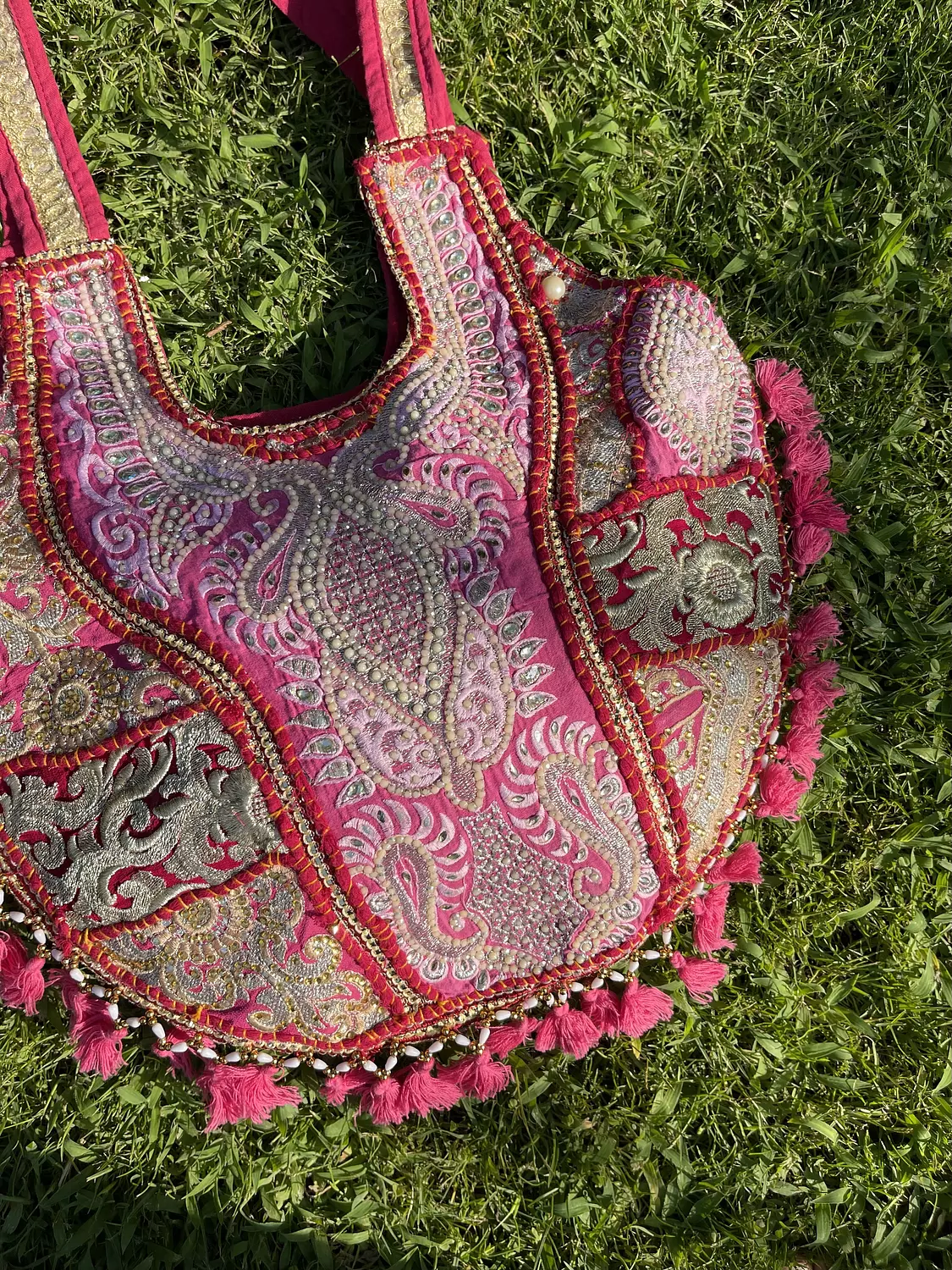 Circular indian Boho bag - Pink/White double face  3