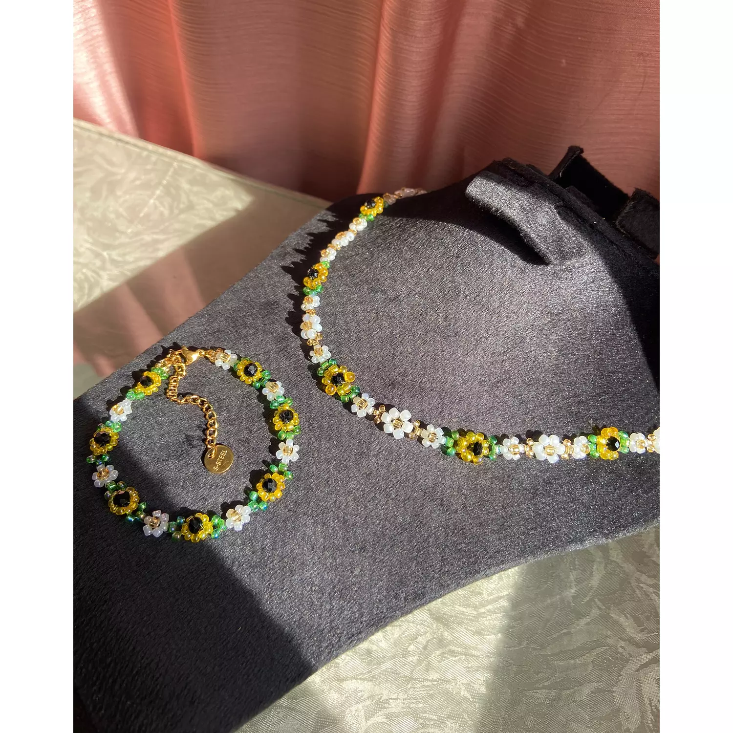 Sunflowers with white flowers bracelet and necklace  0