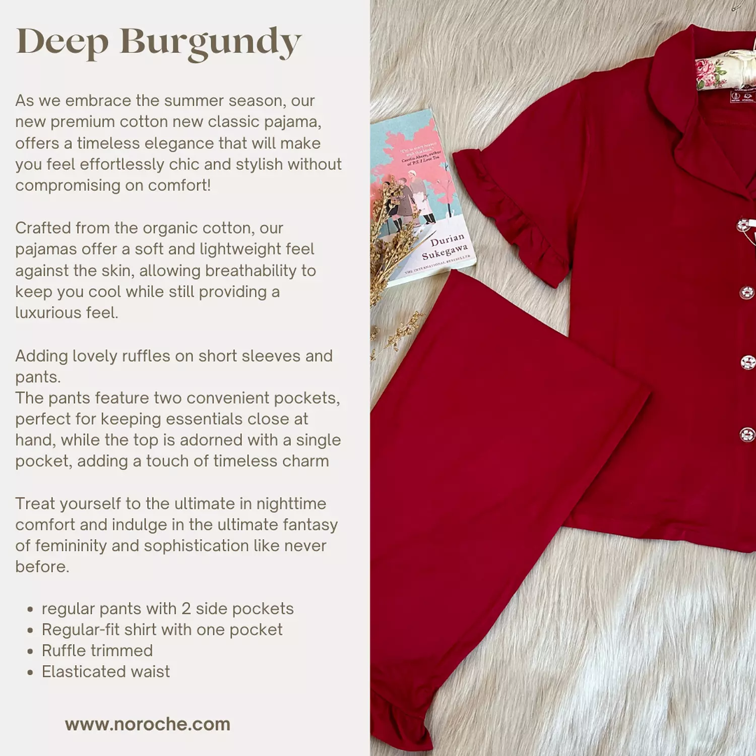 Deep Burgundy Ruffled Cotton Pajamas-2nd-img