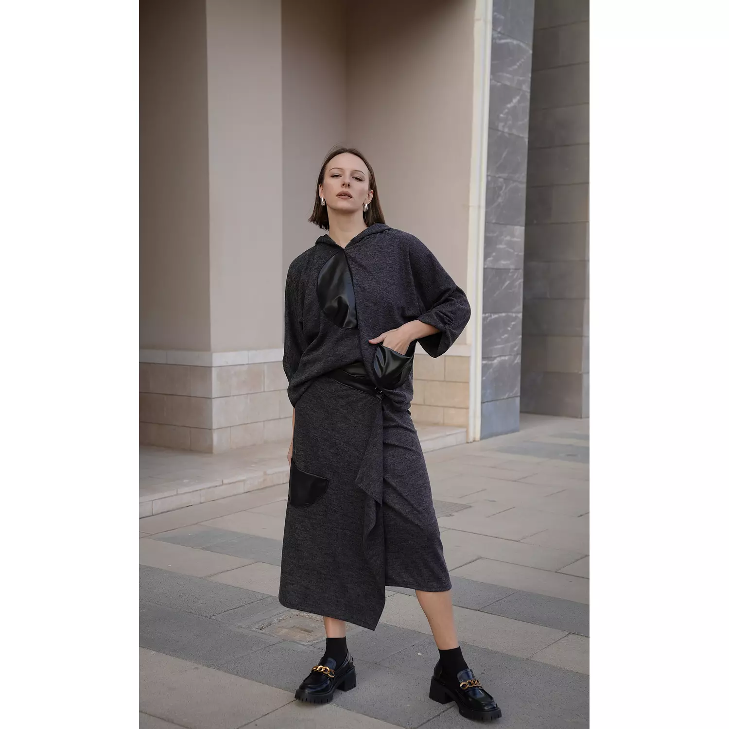 Leather pockets wool skirt set hover image