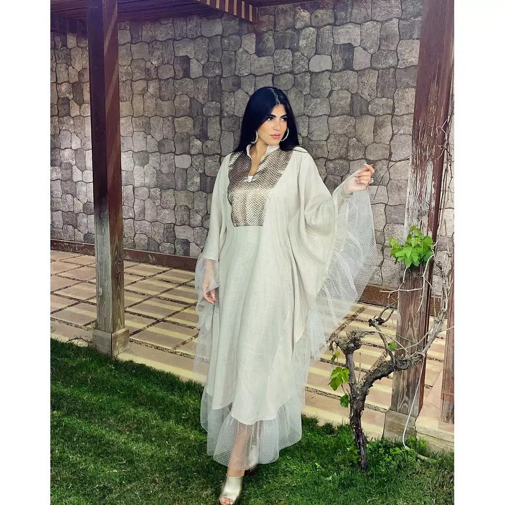 Beige Linen Abaya with Organza (Adult size)