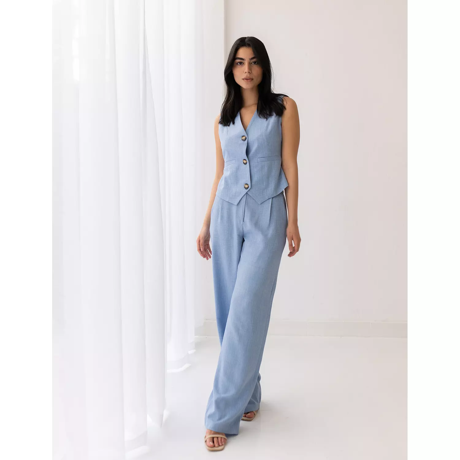 Sky blue linen wide-leg straight mid pants  hover image