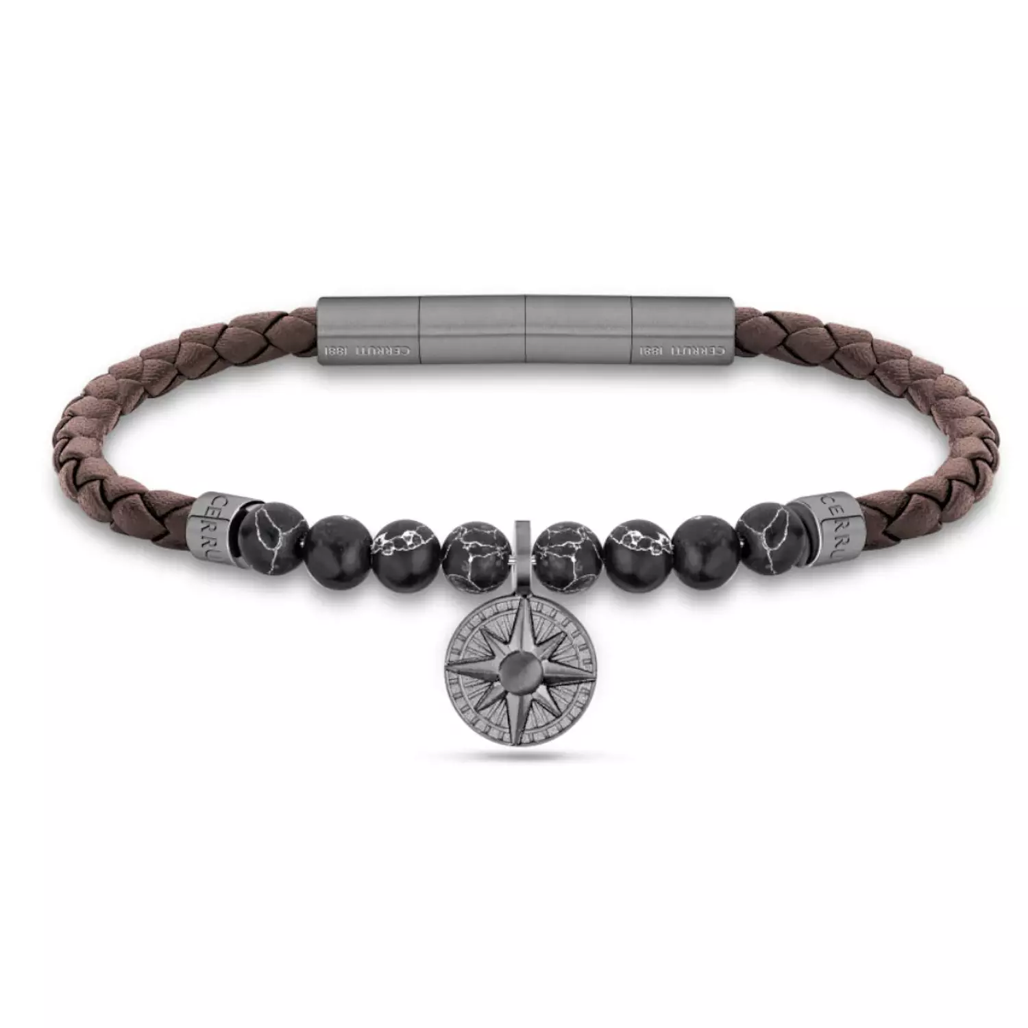 Cerruti Bracelet For Men, Brown Braided Leather & Black Beads/ Compass Charm  hover image