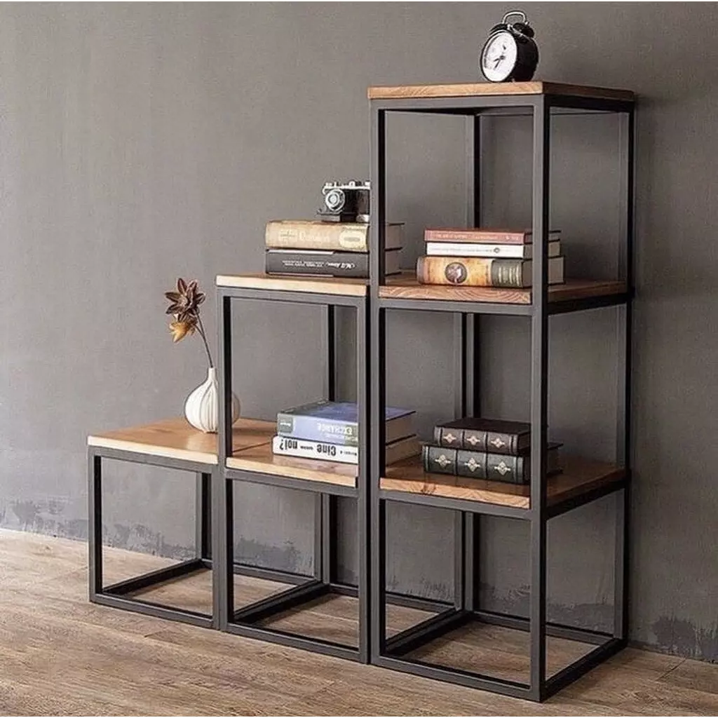 Metal Bookcase& wood shelves