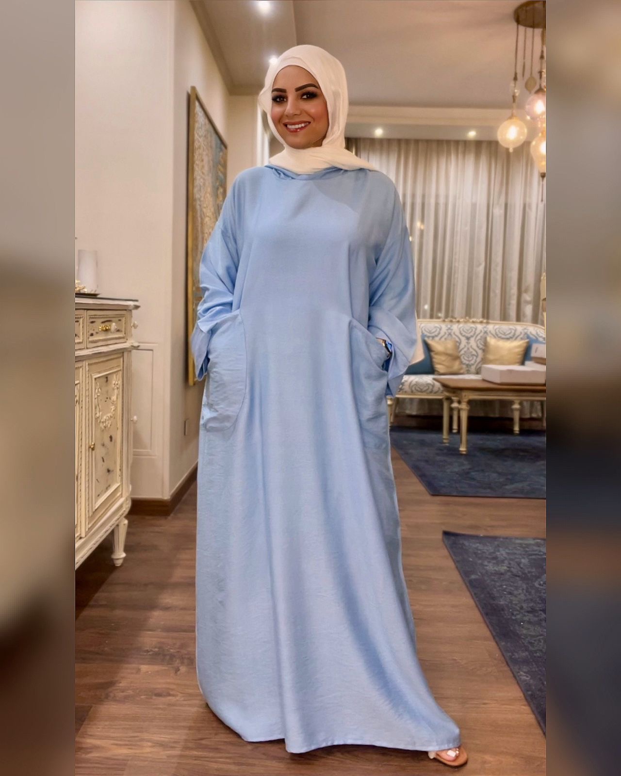 Hooded Linen Dress With Long Sleeves - Baby Blue hover image