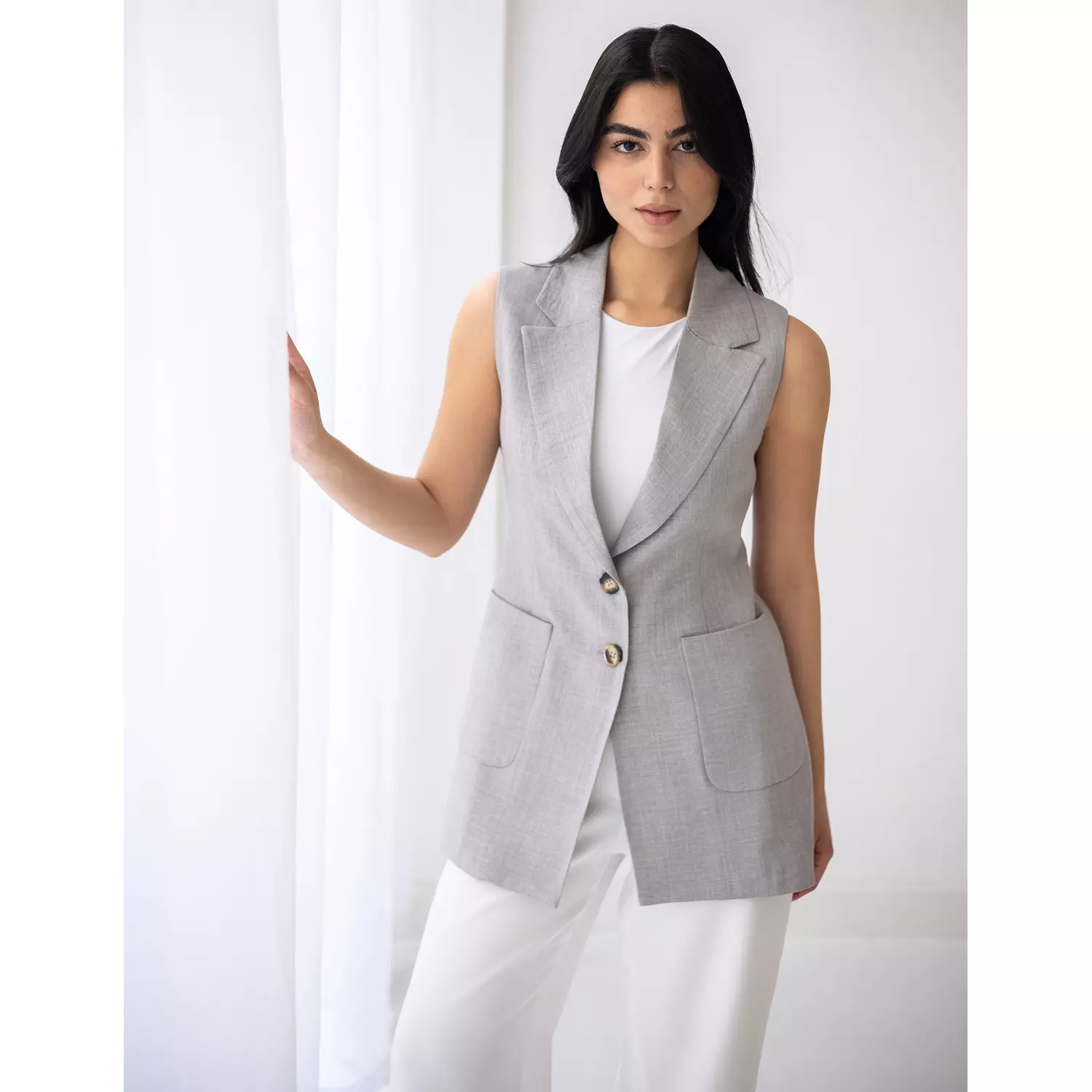 Light gray long linen vest  hover image