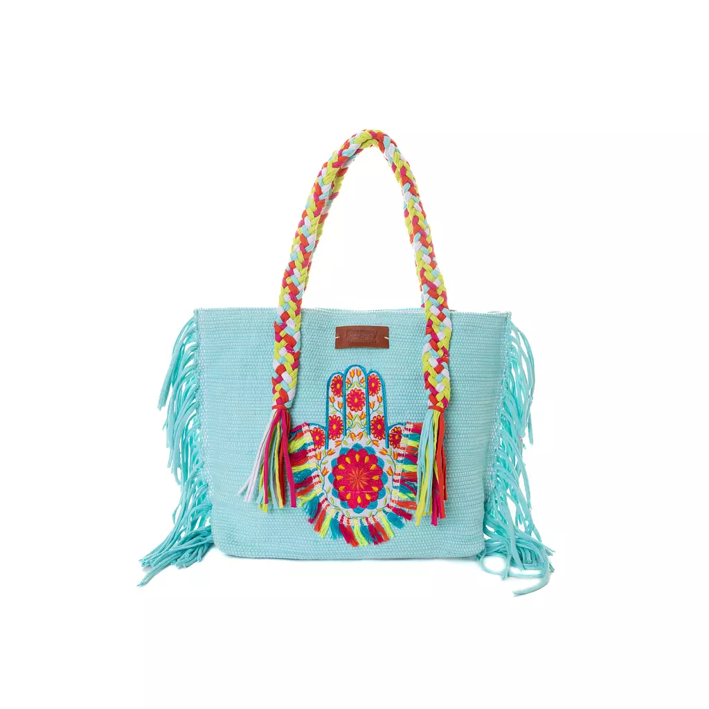 Blue Tote Bag with Hamsa Hand Badge