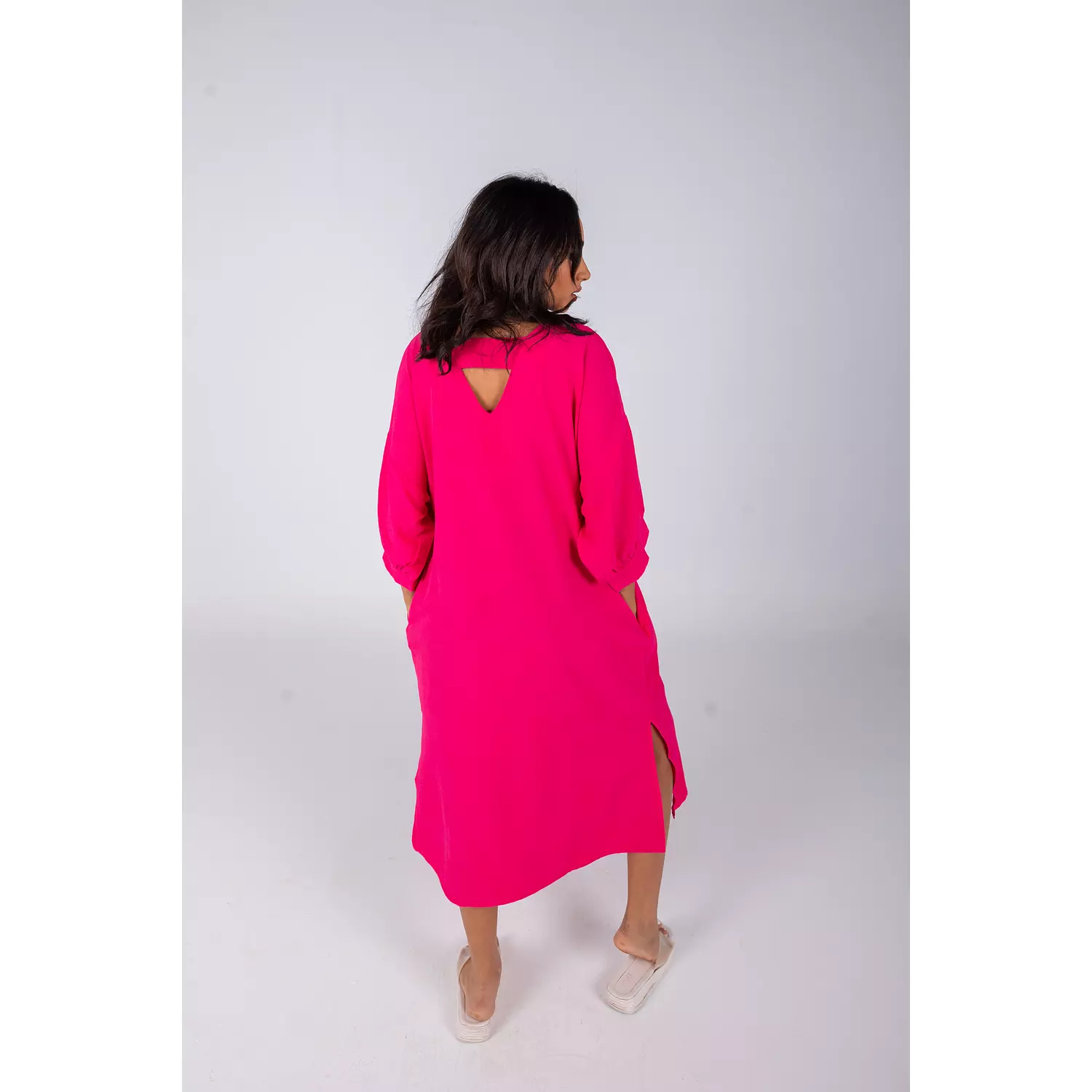 Hot Pink Plain Linen Dress 2