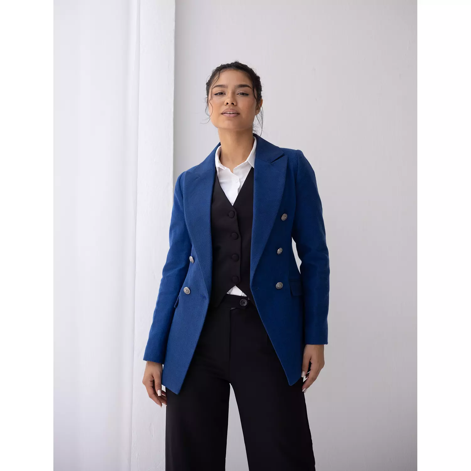 Azure blue tweed wool double breasted blazer  hover image