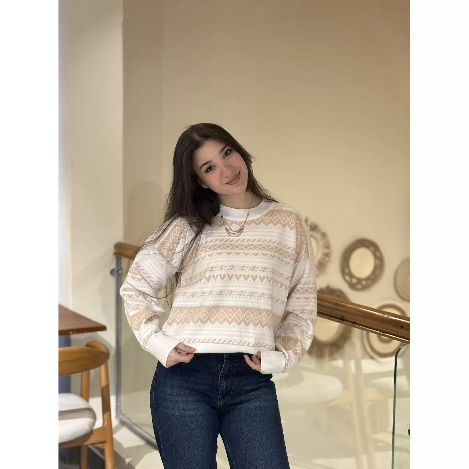 Beige Patterned Knit Sweater 1