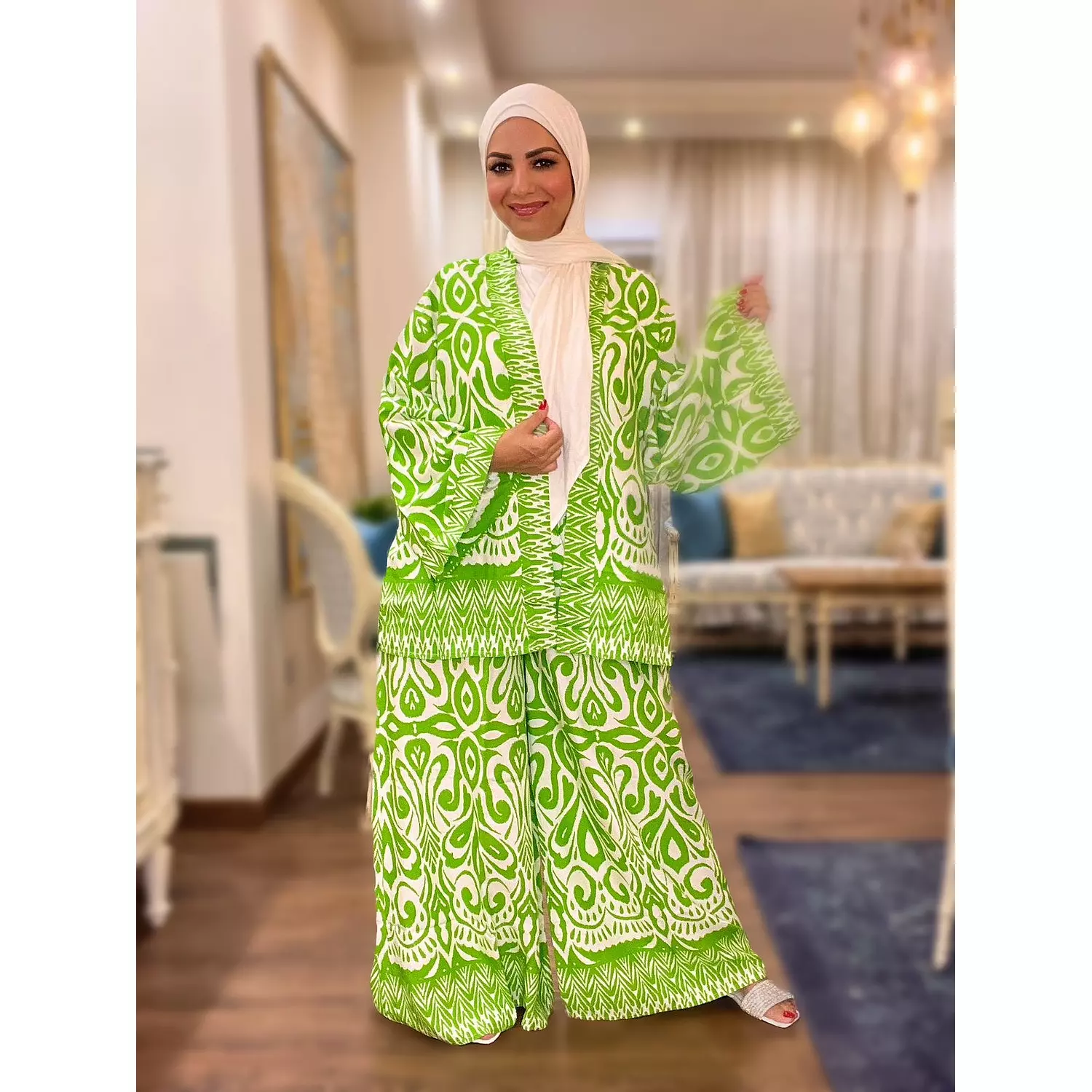 Printed Summer Suit (Kimono + Wide-leg Pants)- Green hover image