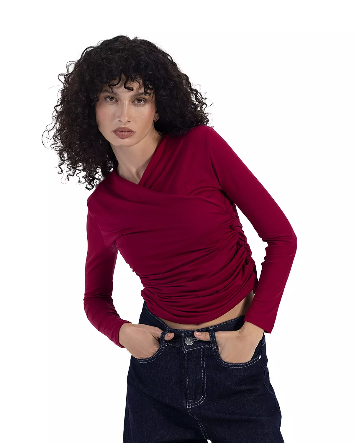 Burgundy Ruched Top  Long Sleeve   hover image