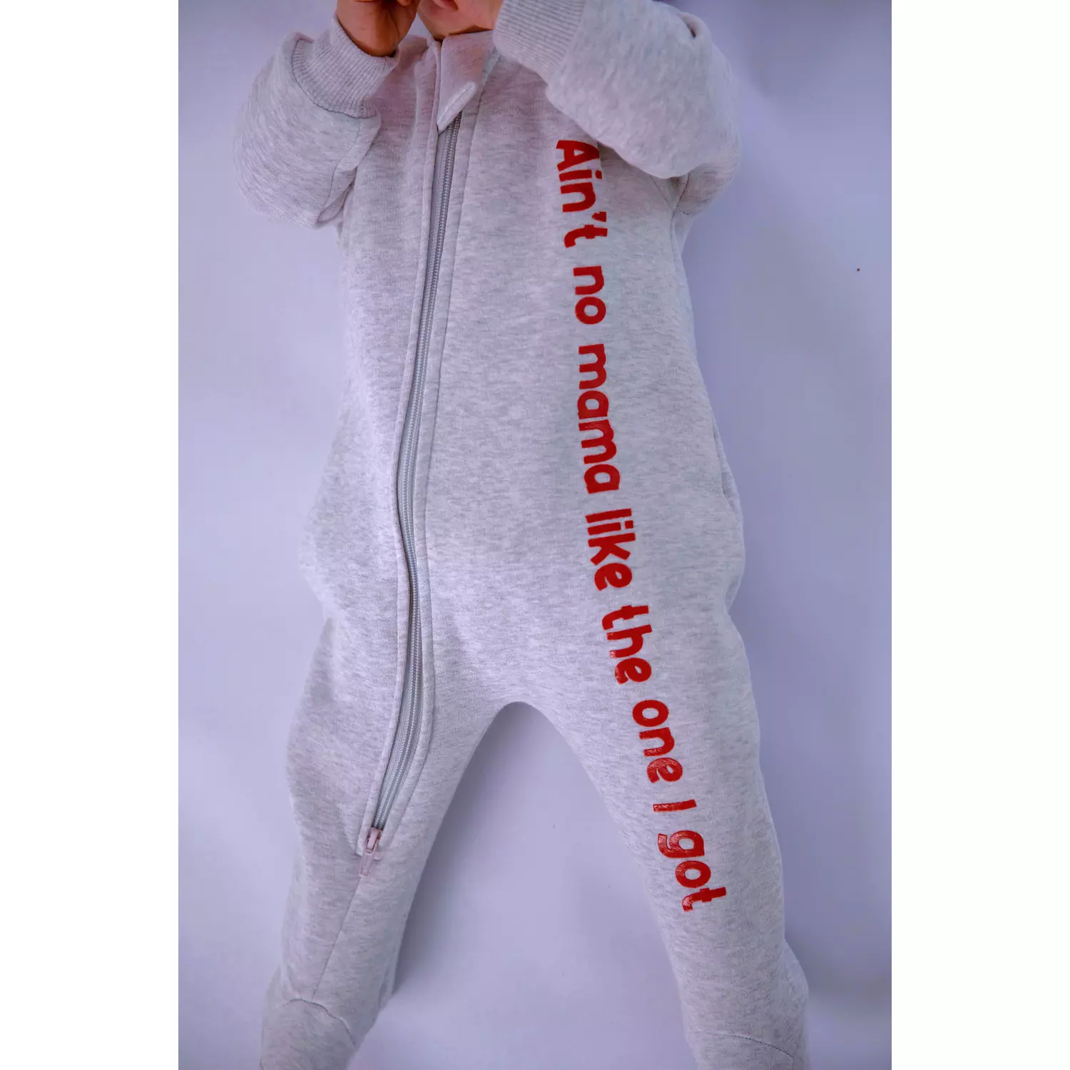 Premium Fleeced Winter Double Zipper "Ain't no mama" Footie - Glowy Grey 5