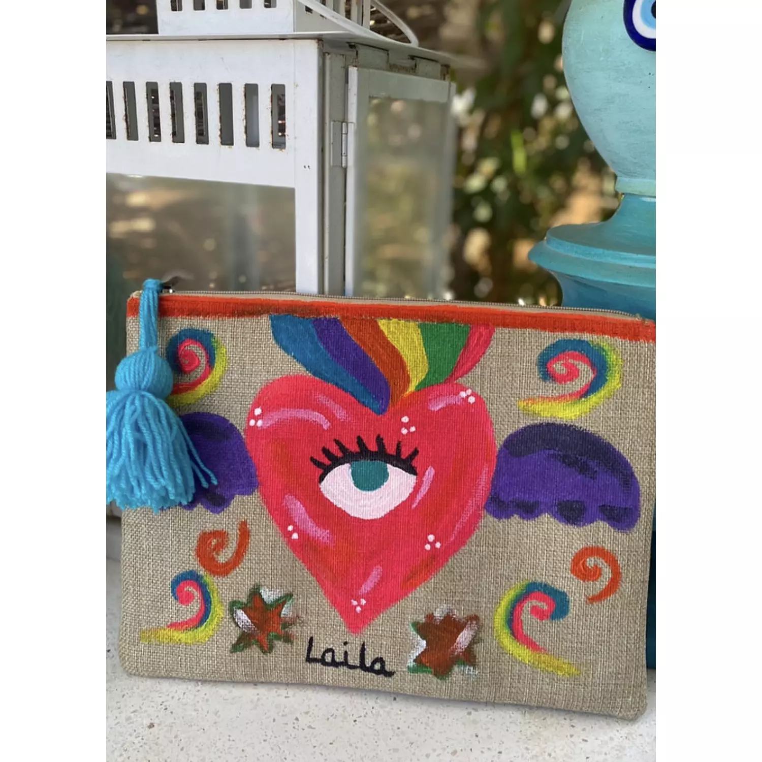 Heart-Rainbow Heart Handpainted Burlap Pouch 2