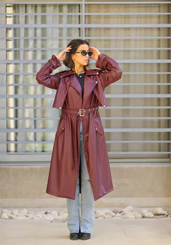 burgundy leather trench coat