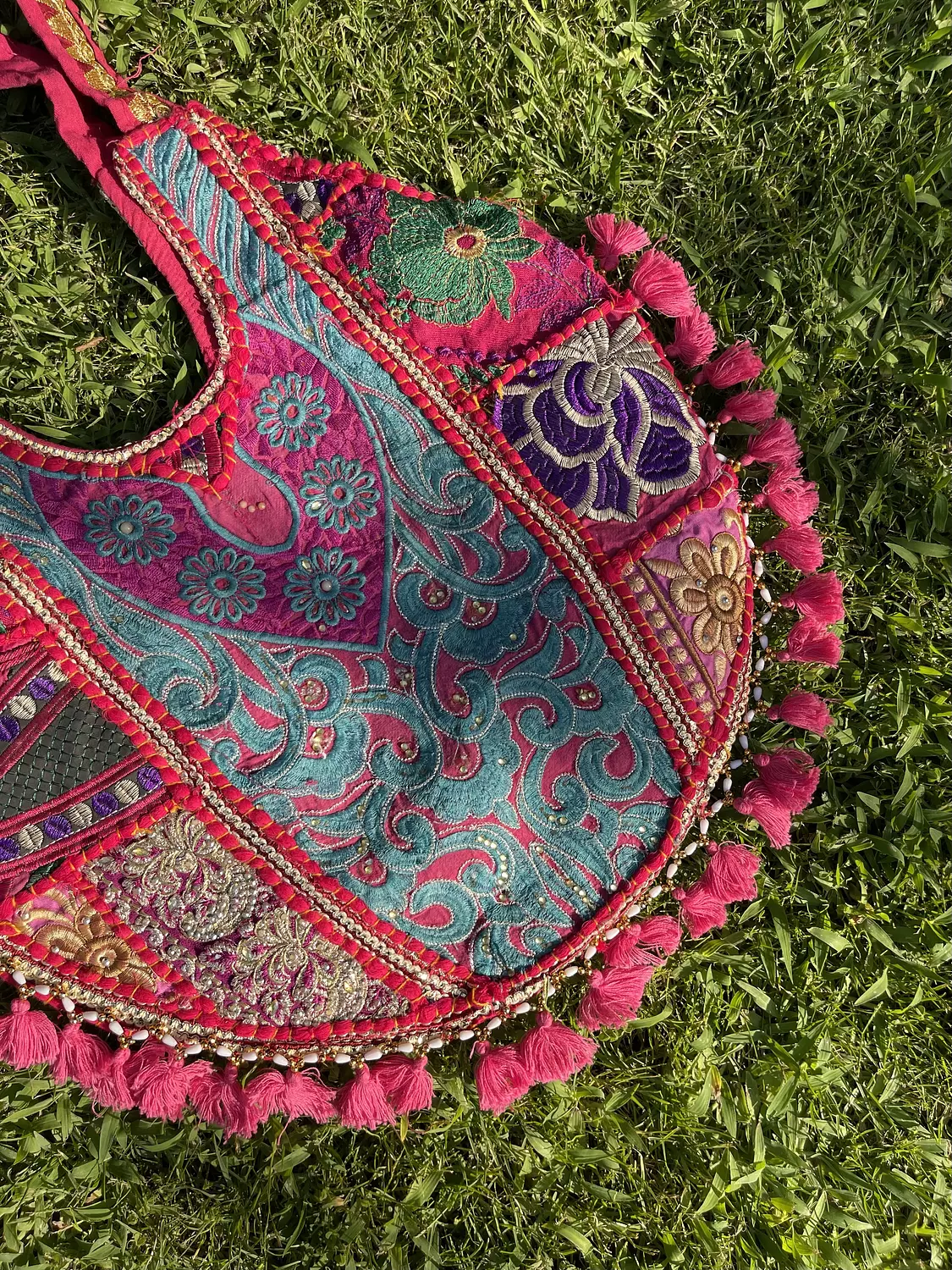 Circular indian boho bag - Fuschia/turquoise Double face  5