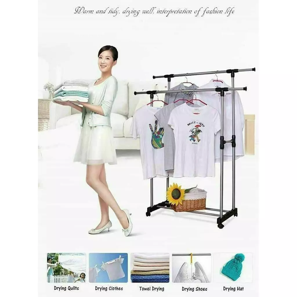 Clothes portable Rack Hanger Extendable Rolling Double pole