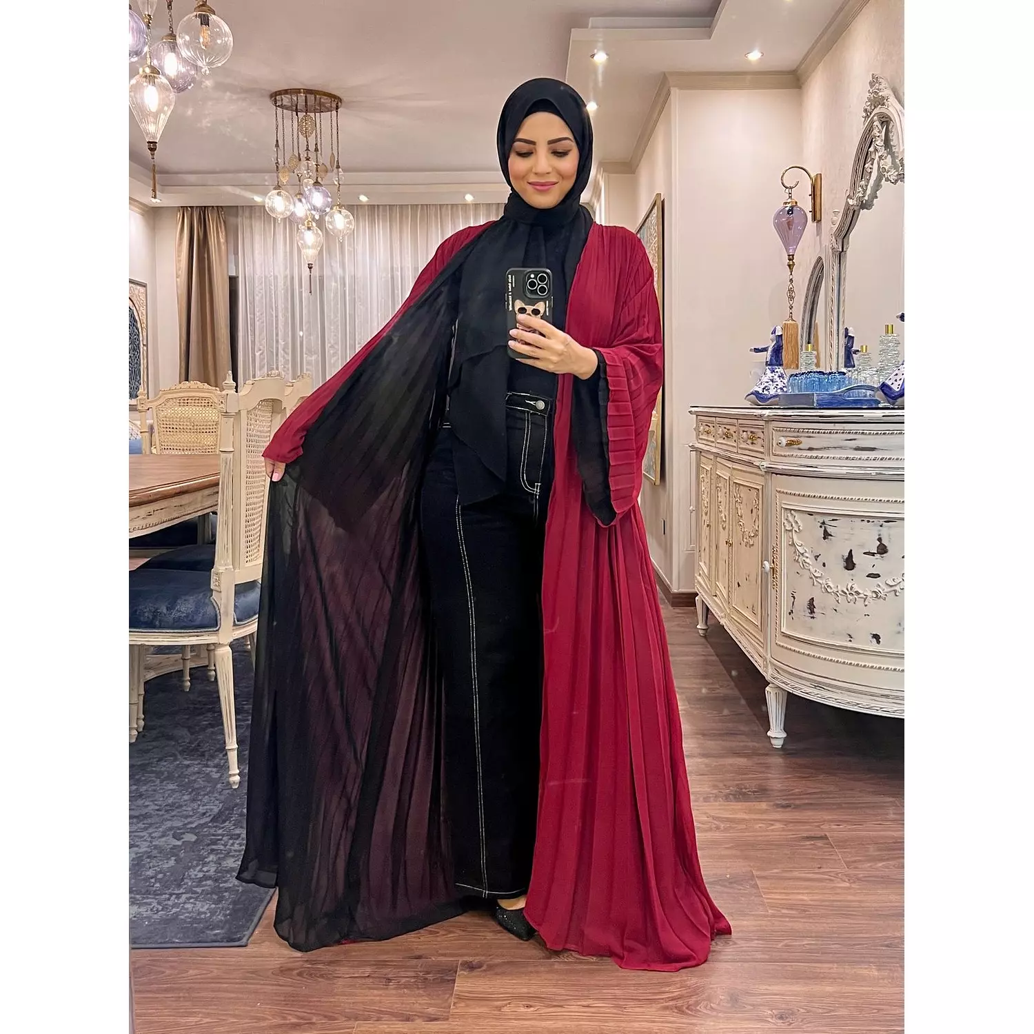Double-faced Pleated Open Abaya- Black & Maroon hover image