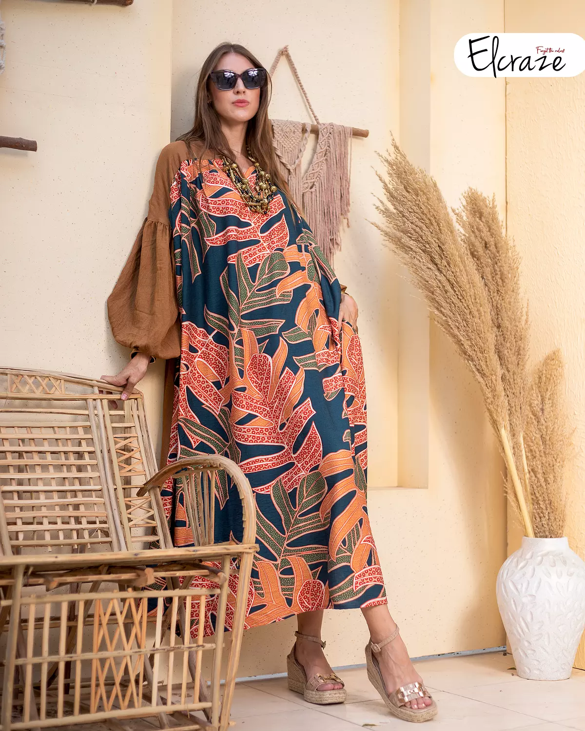  printed synthetic linen  dress brown 1