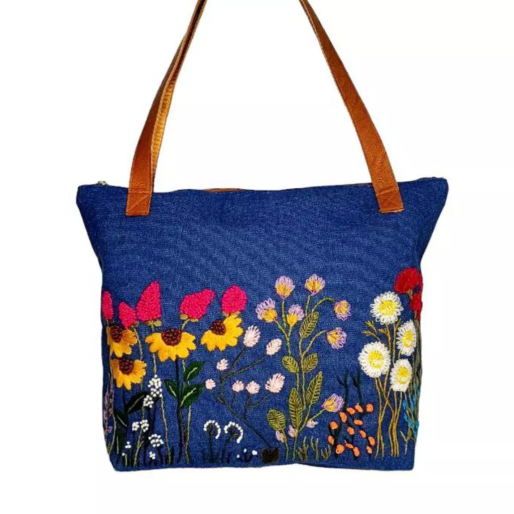 Cobalt blue denim and camel leather with embroidery flowers (A.13-15)