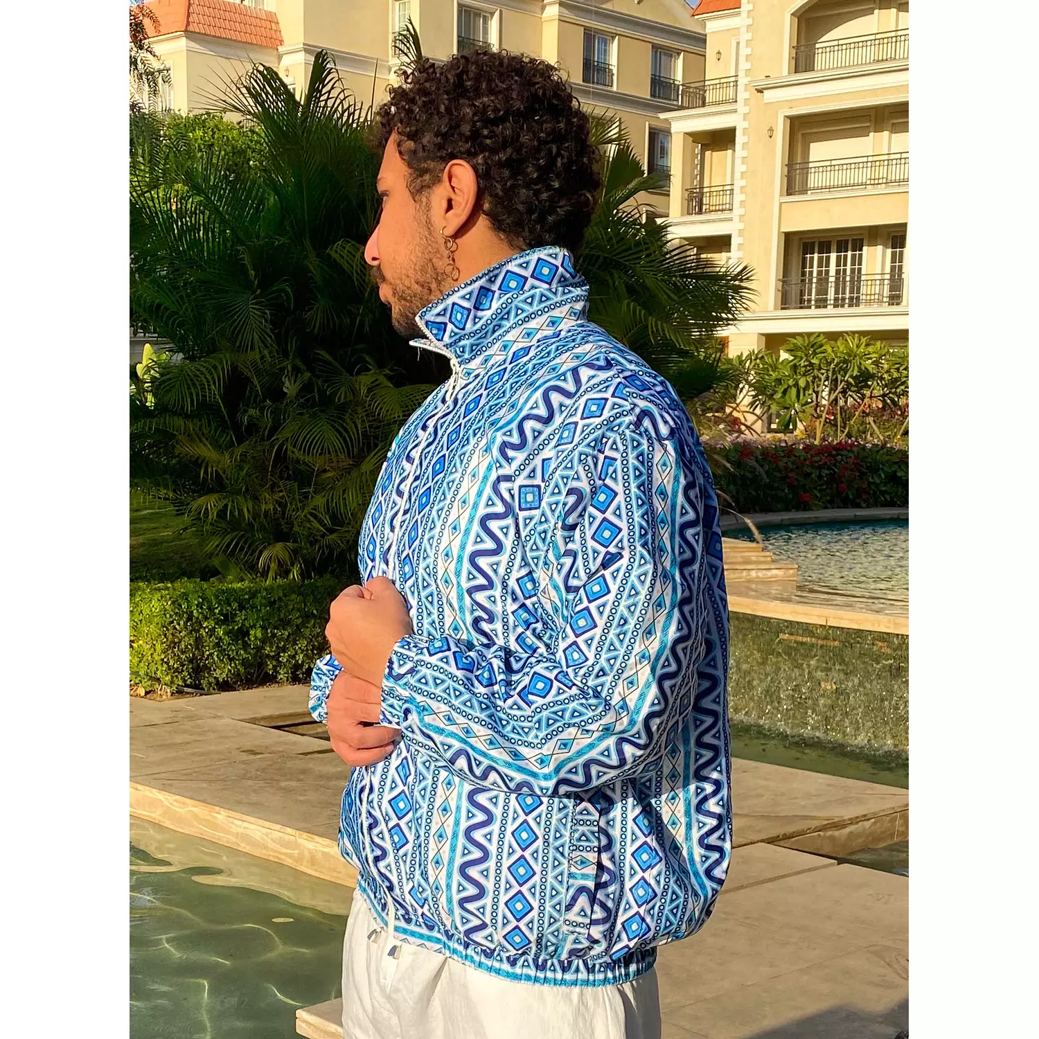 Tribal Patterned White and Blue Bomber Jacket hover image