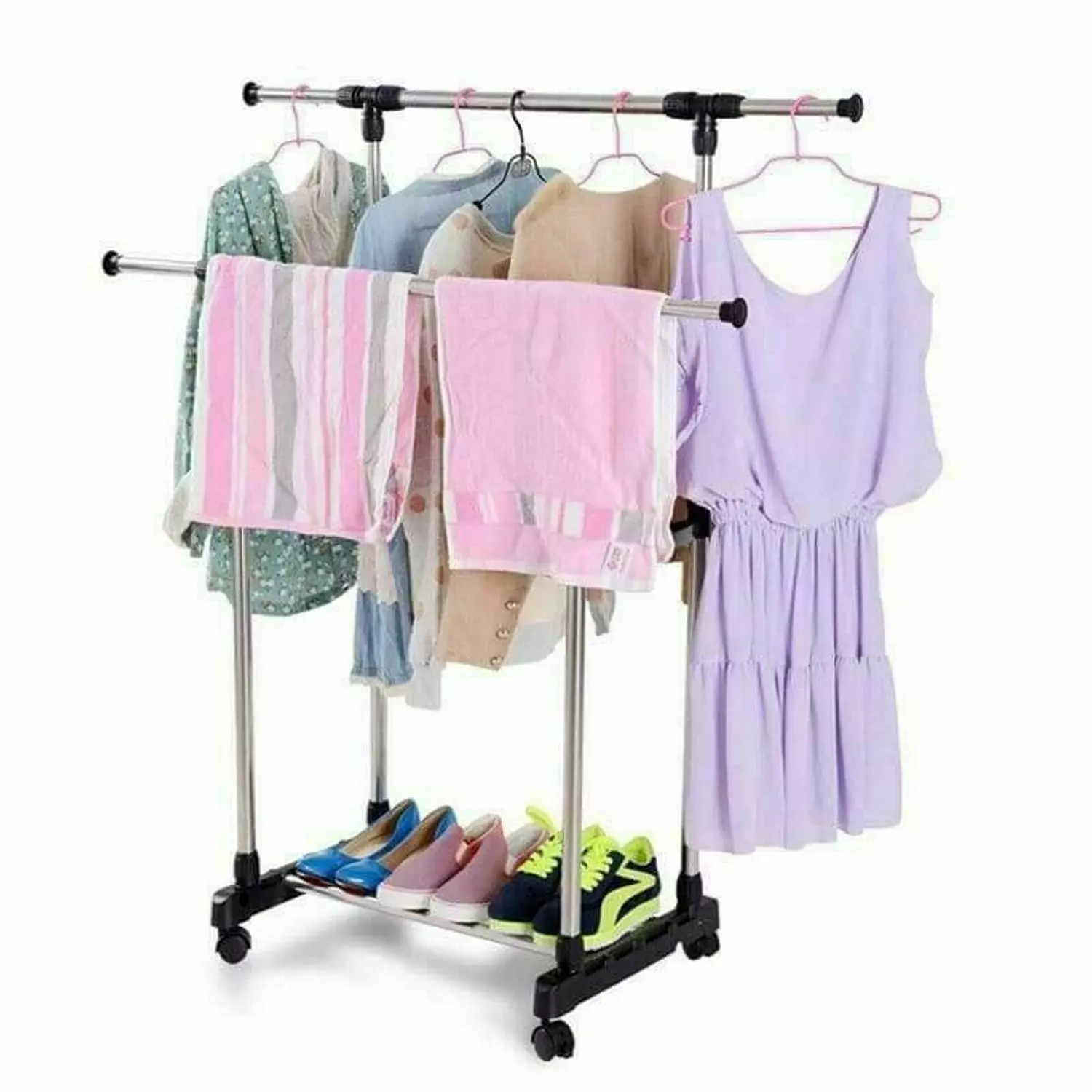 Clothes portable Rack Hanger Extendable Rolling Double pole 3