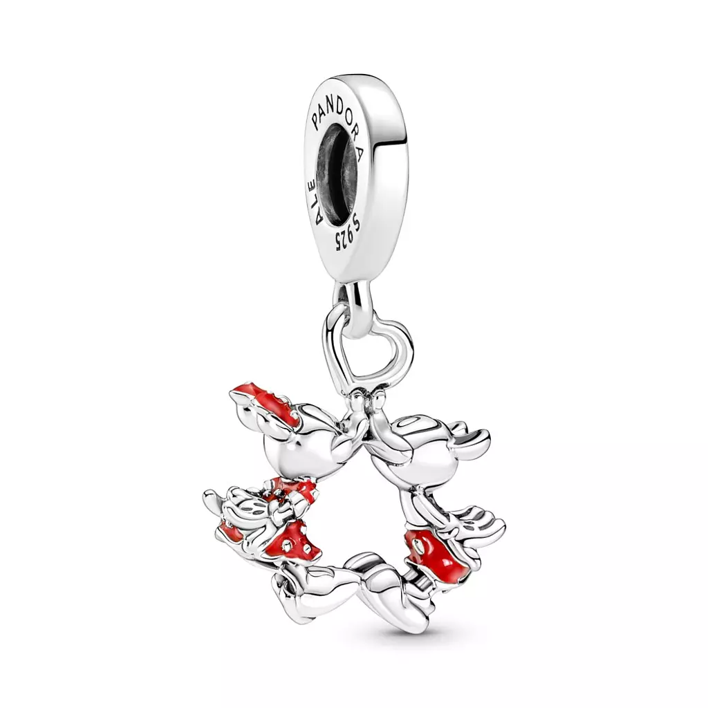 Disney Minnie and Mickey Mouse kissing sterling silver dangle with red enamel