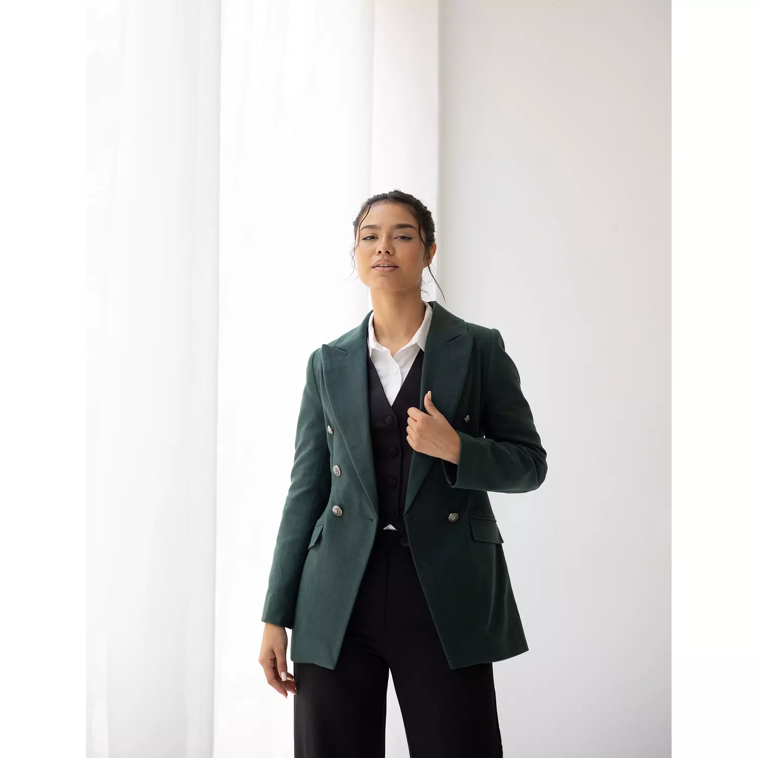 Sacramento green tweed wool double breasted blazer hover image