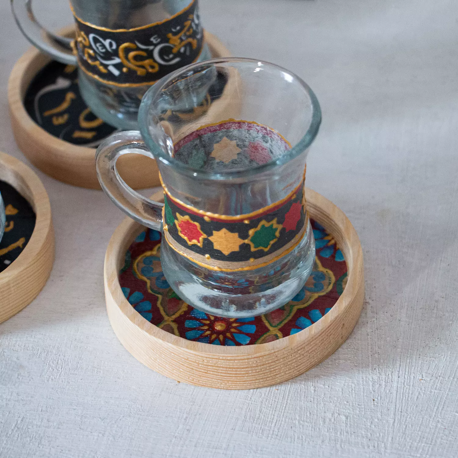 Arabesque Glass Cup Wooden Coaster - Per Piece hover image