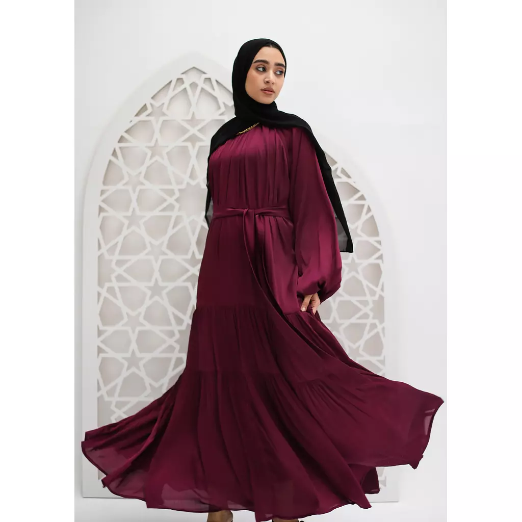 Shimmery Satin Layered Dress in Dark burgandy