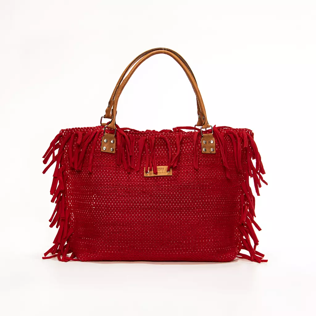 Red Kilim Tote Bag with Natural leather handles