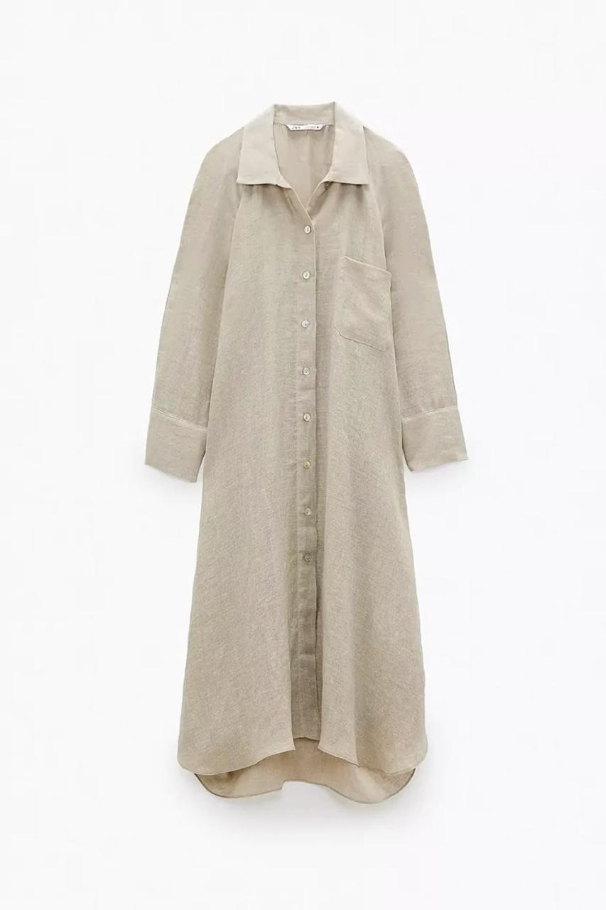 <p style="text-align: center"><span style="color: #d4b267">Long-sleeved linen shirt dress</span></p>