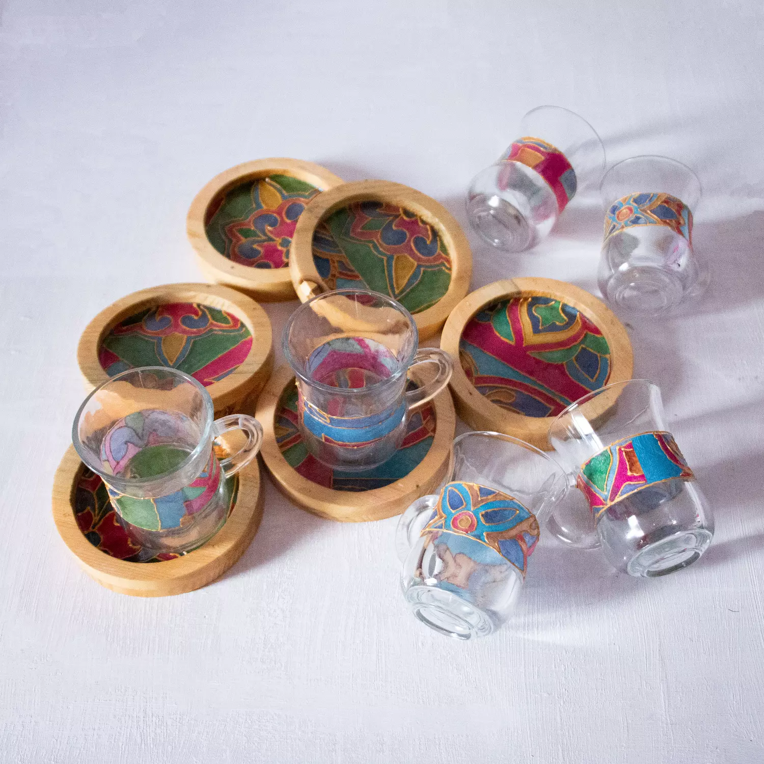 Arabic Blossom Glass Set-Wooden Coasters 6