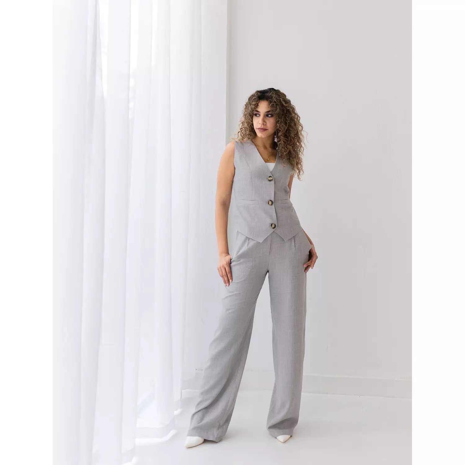 Light gray linen wide-leg straight mid pants  1