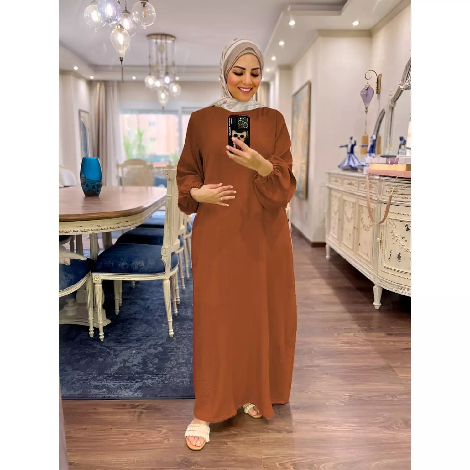 Basic Long Sleeve Dress- Camel Brown hover image